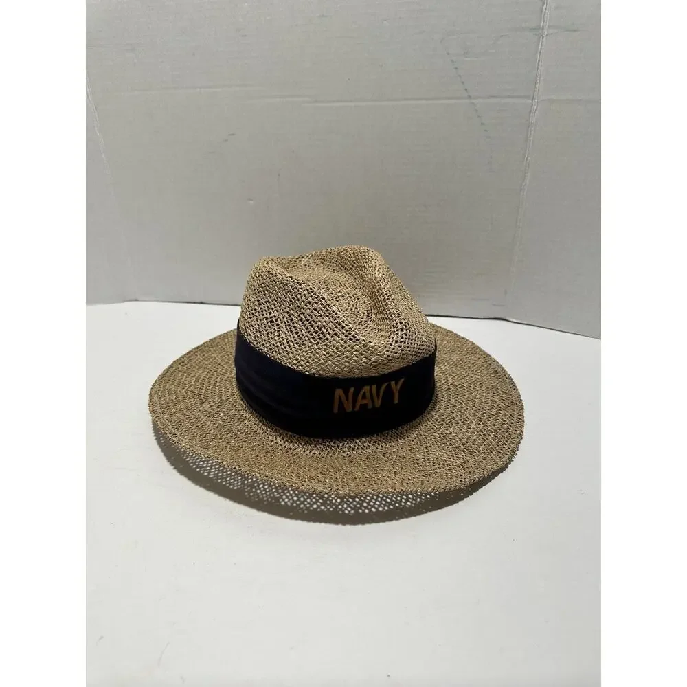 Straw Safari Wicker Hat Panama Unisex With Band Navy Written